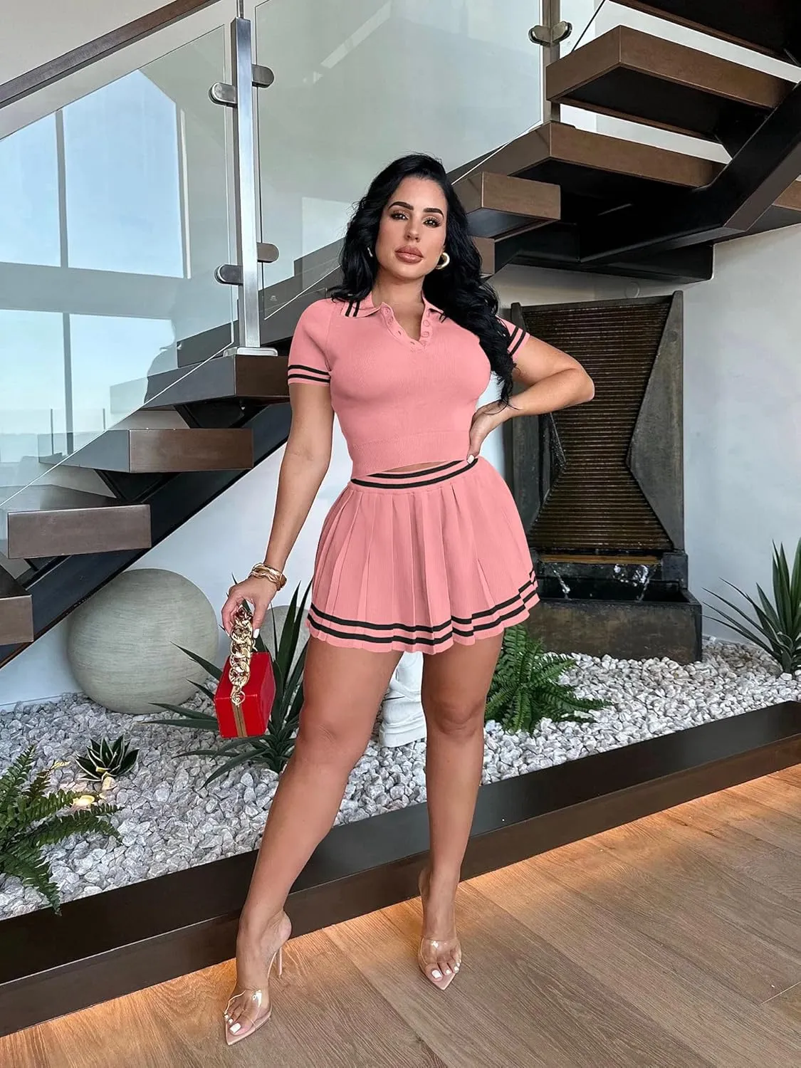 Nimsruc Womens 2 Piece Outfits Knitted Crop Top Pleated Mini Skirt Set For Summer Sexy Short Sleeve