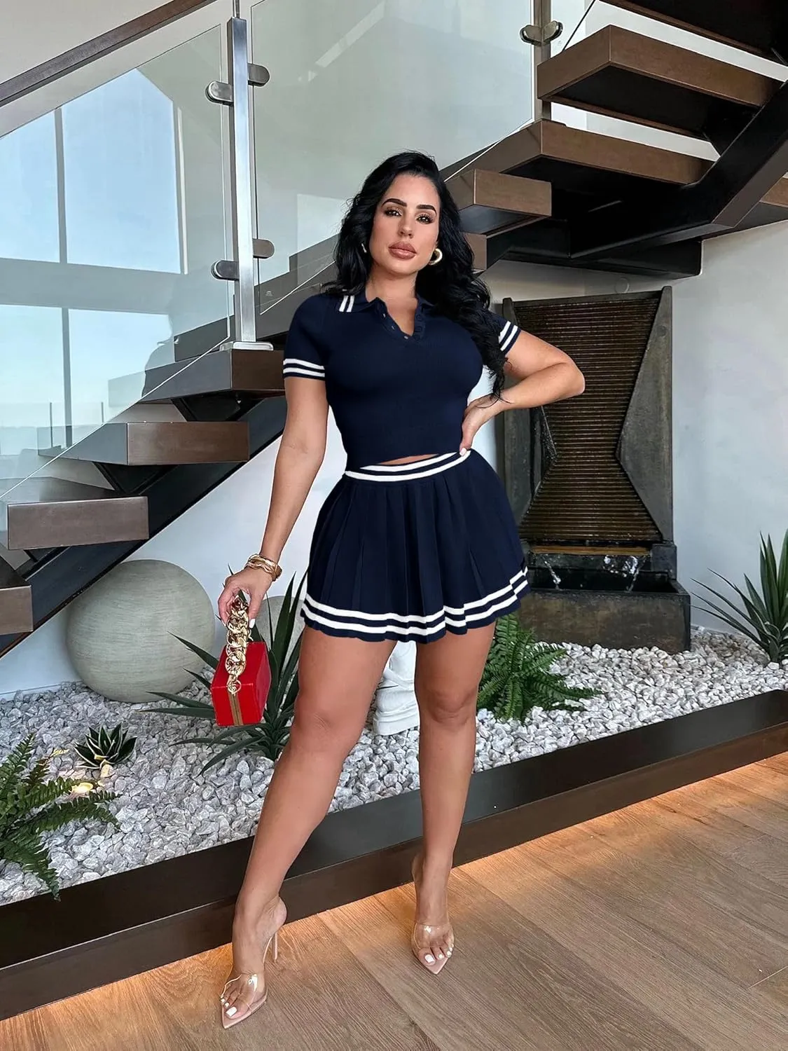 Nimsruc Womens 2 Piece Outfits Knitted Crop Top Pleated Mini Skirt Set For Summer Sexy Short Sleeve