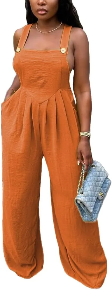 Nimsruc Women's Jumpsuits Summer Rompers Sling Sleeveless Wide Leg Casual Overalls Jumpers With Pockets 2024 Orange XXL