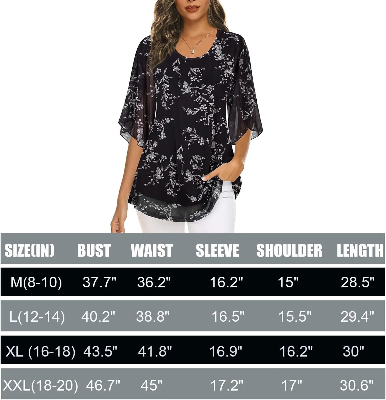 Ninedaily Women's Tops 3/4 Sleeve Blouses Dressy Casual Double Layers Mesh Tunic Shirts