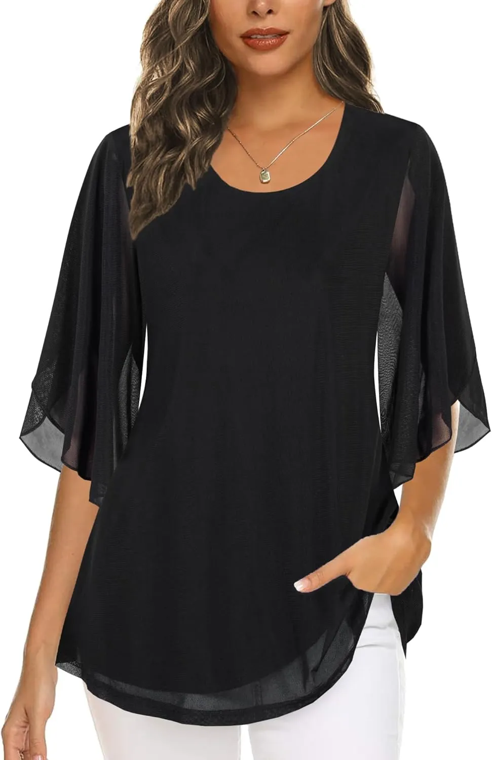 Ninedaily Women's Tops 3/4 Sleeve Blouses Dressy Casual Double Layers Mesh Tunic Shirts