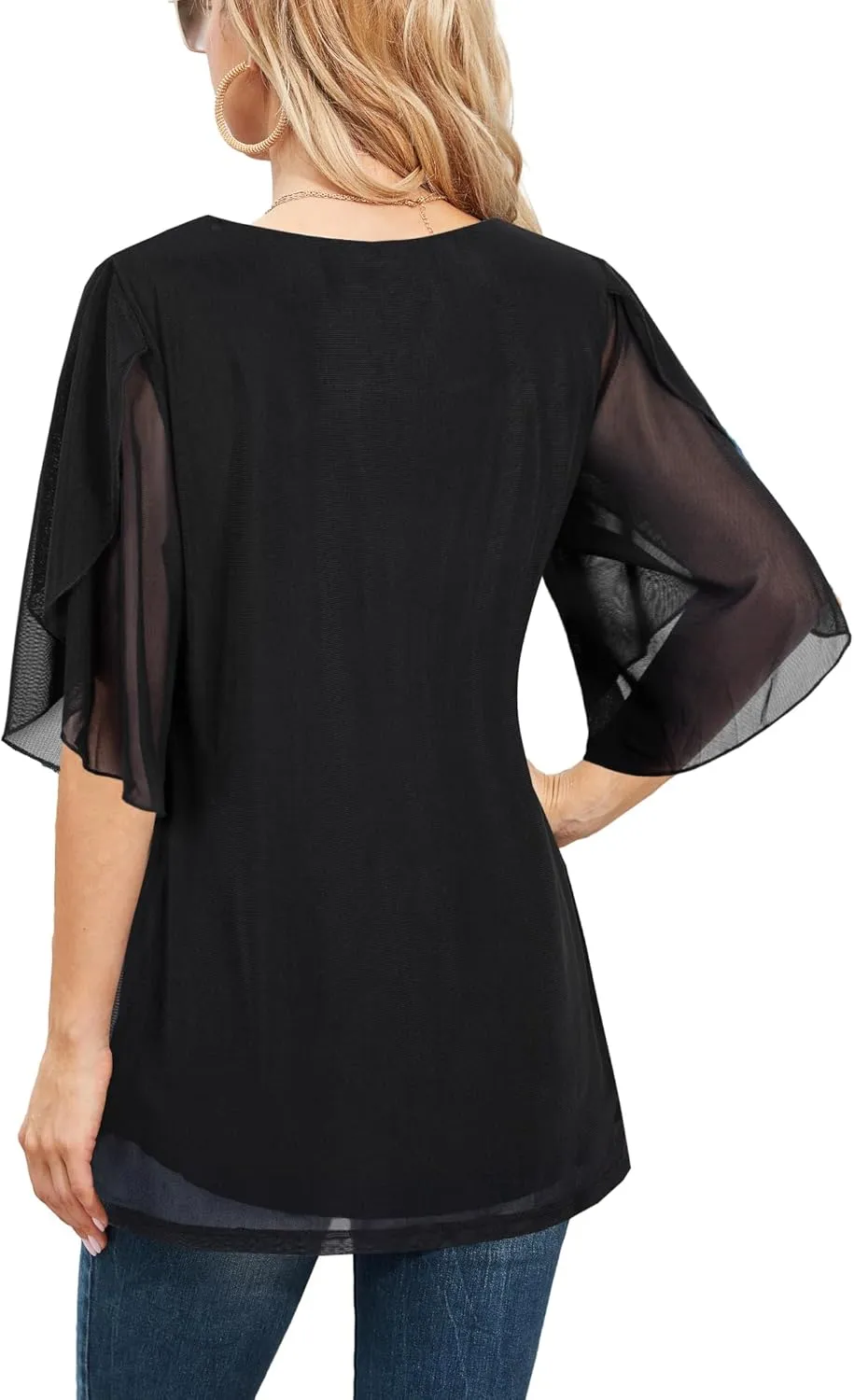 Ninedaily Women's Tops 3/4 Sleeve Blouses Dressy Casual Double Layers Mesh Tunic Shirts
