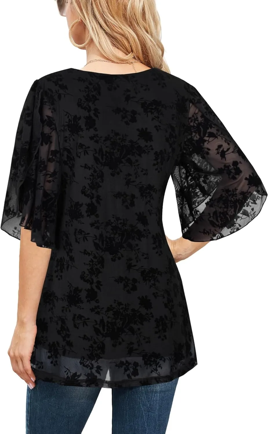 Ninedaily Women's Tops 3/4 Sleeve Blouses Dressy Casual Double Layers Mesh Tunic Shirts