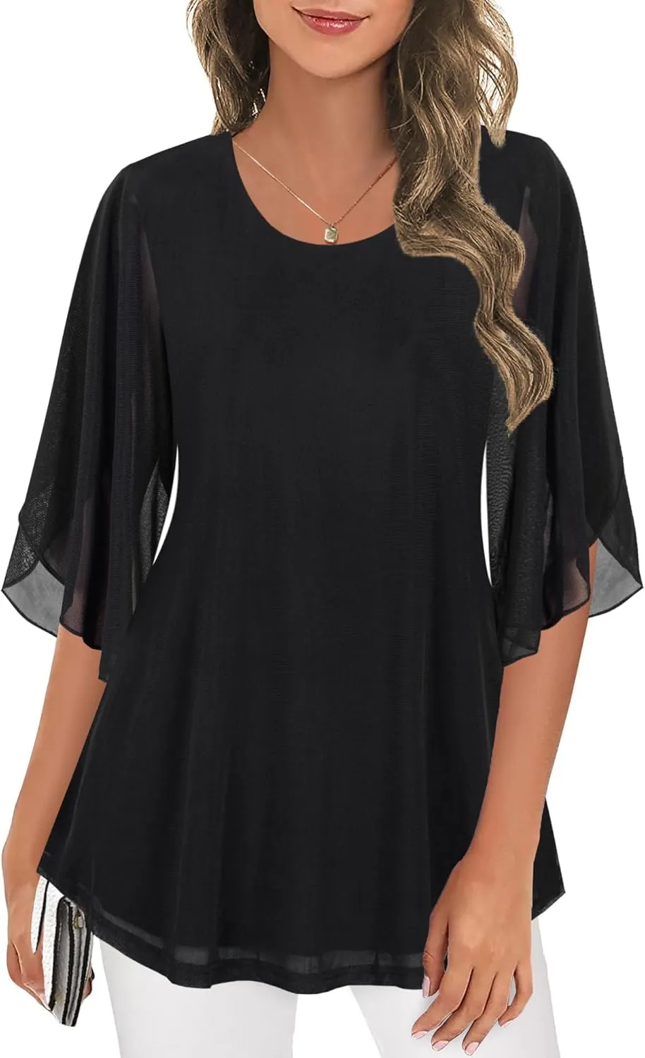 Ninedaily Women's Tops 3/4 Sleeve Blouses Dressy Casual Double Layers Mesh Tunic Shirts