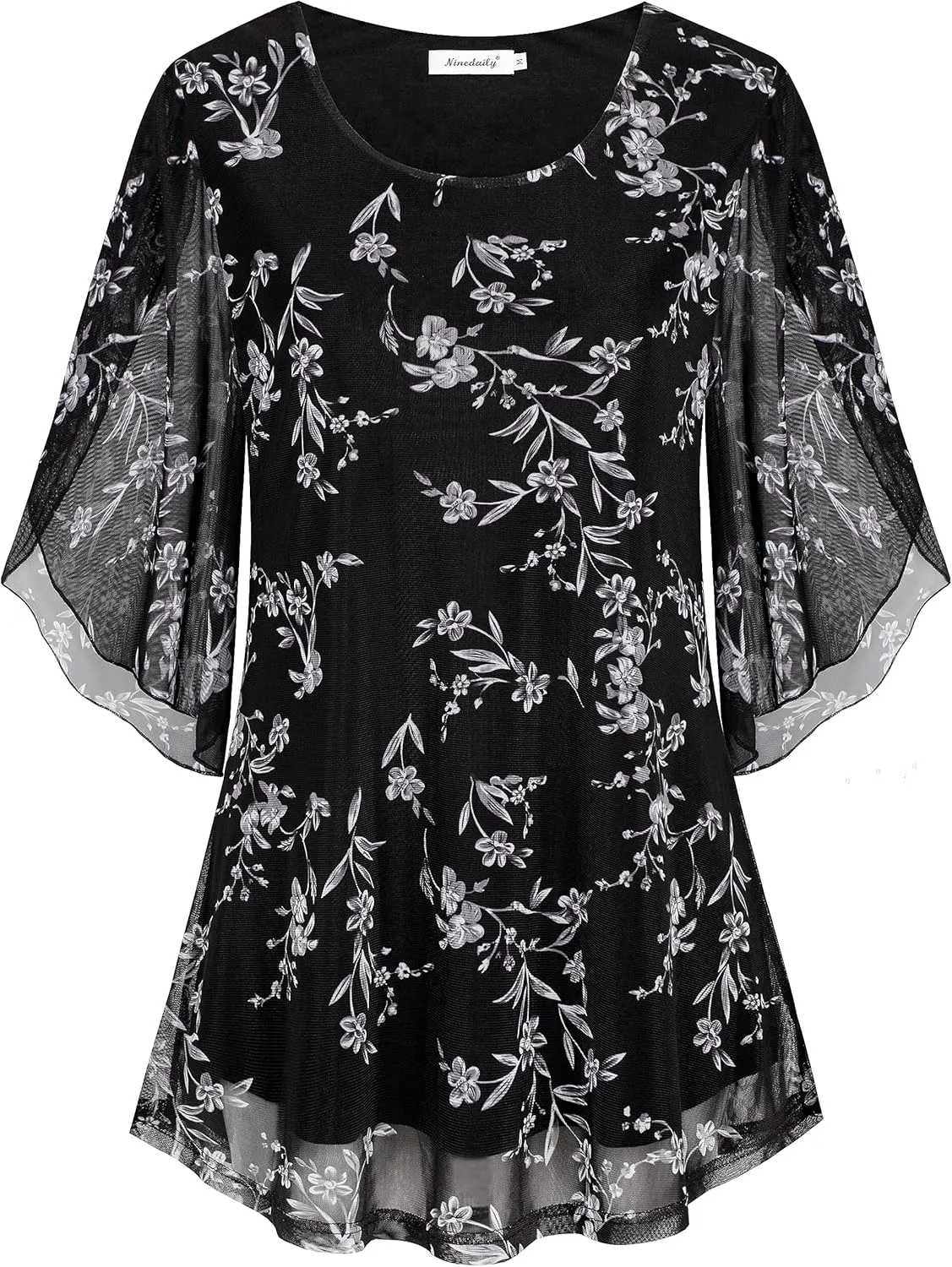 Ninedaily Women's Tops 3/4 Sleeve Blouses Dressy Casual Double Layers Mesh Tunic Shirts