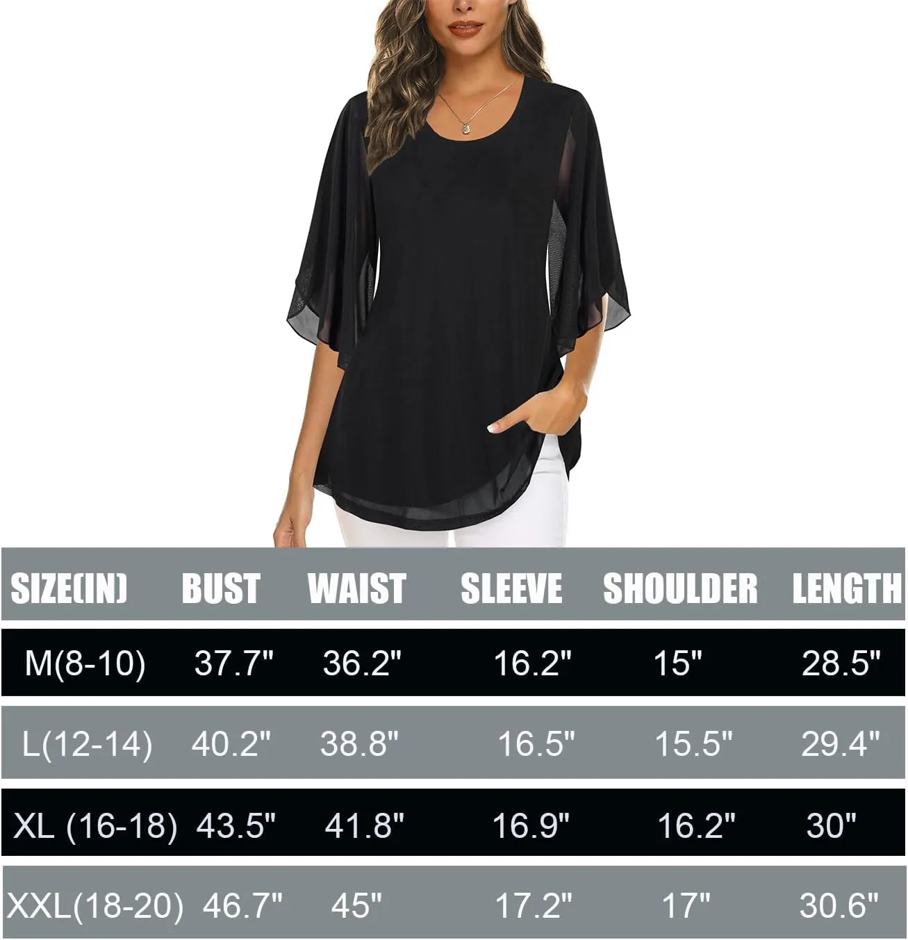 Ninedaily Women's Tops 3/4 Sleeve Blouses Dressy Casual Double Layers Mesh Tunic Shirts
