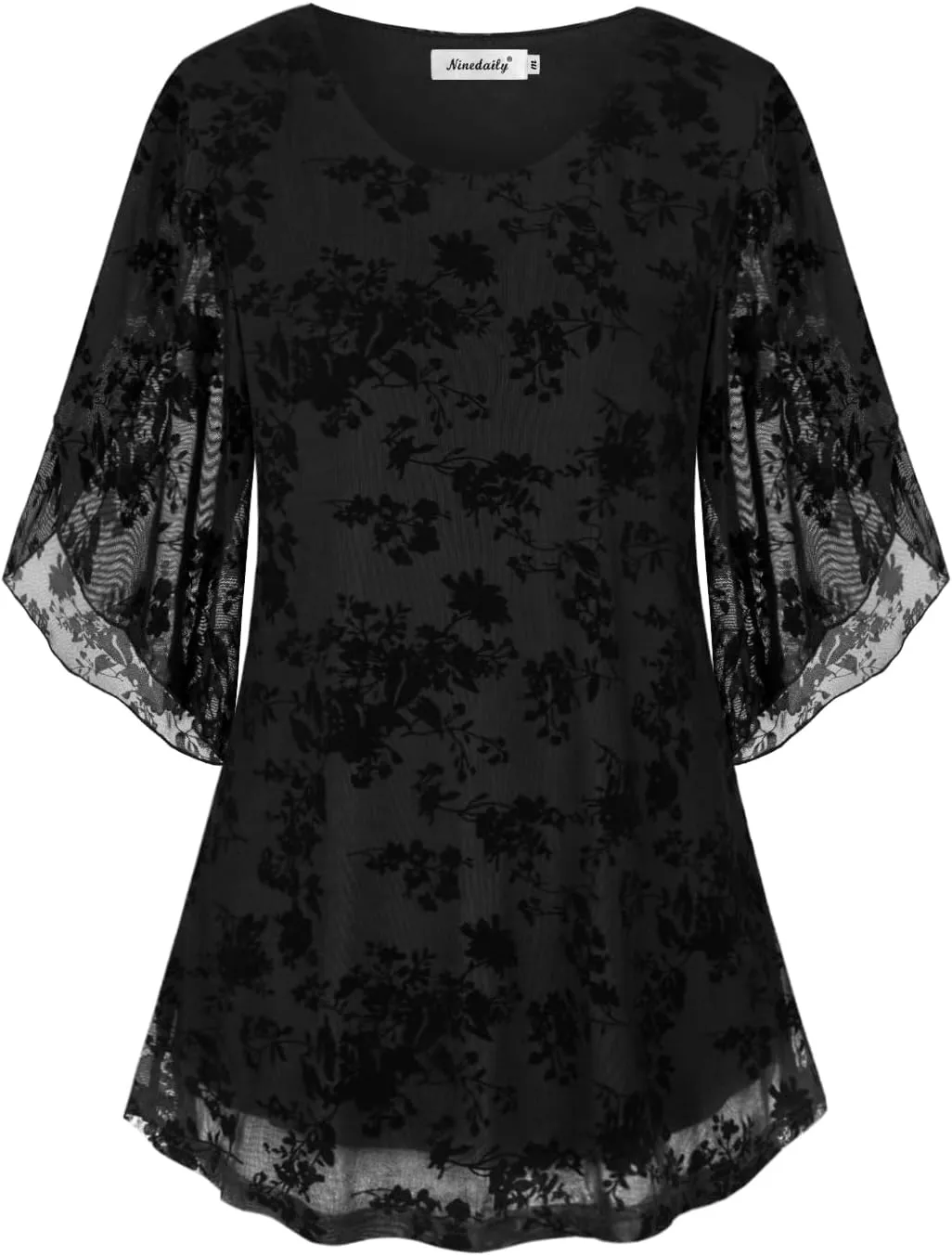 Ninedaily Women's Tops 3/4 Sleeve Blouses Dressy Casual Double Layers Mesh Tunic Shirts
