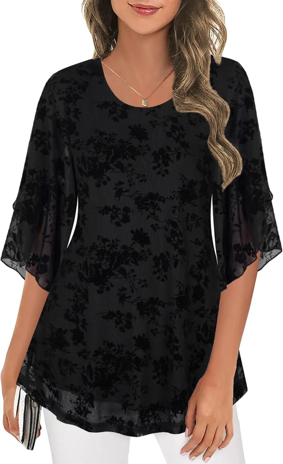 Ninedaily Women's Tops 3/4 Sleeve Blouses Dressy Casual Double Layers Mesh Tunic Shirts