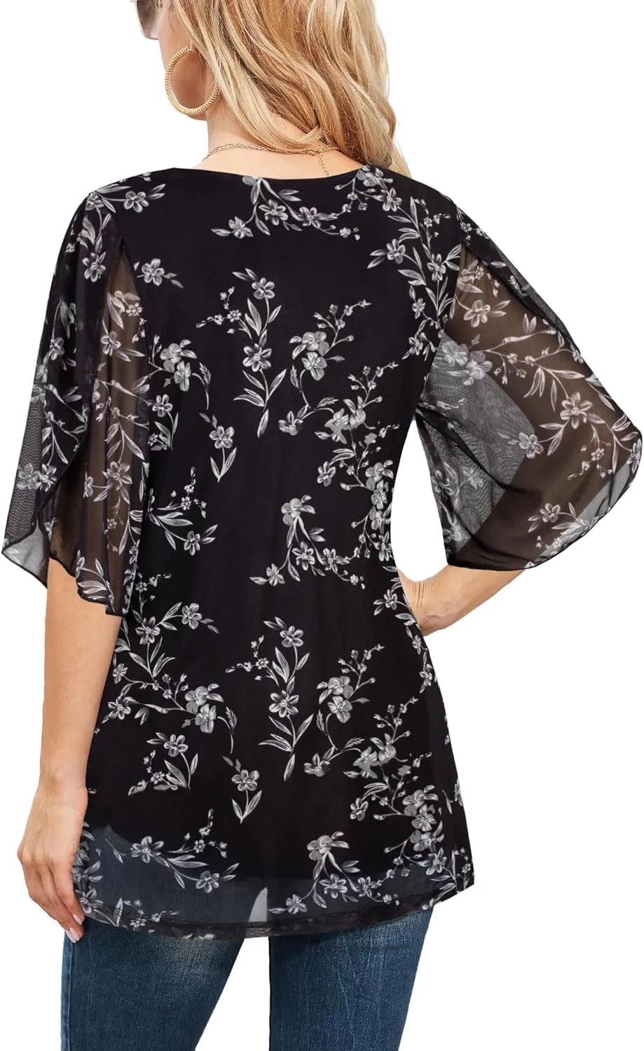 Ninedaily Women's Tops 3/4 Sleeve Blouses Dressy Casual Double Layers Mesh Tunic Shirts