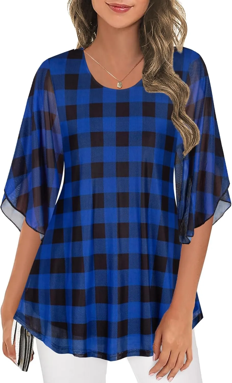 Ninedaily Women's Tops 3/4 Sleeve Blouses Dressy Casual Double Layers Mesh Tunic Shirts