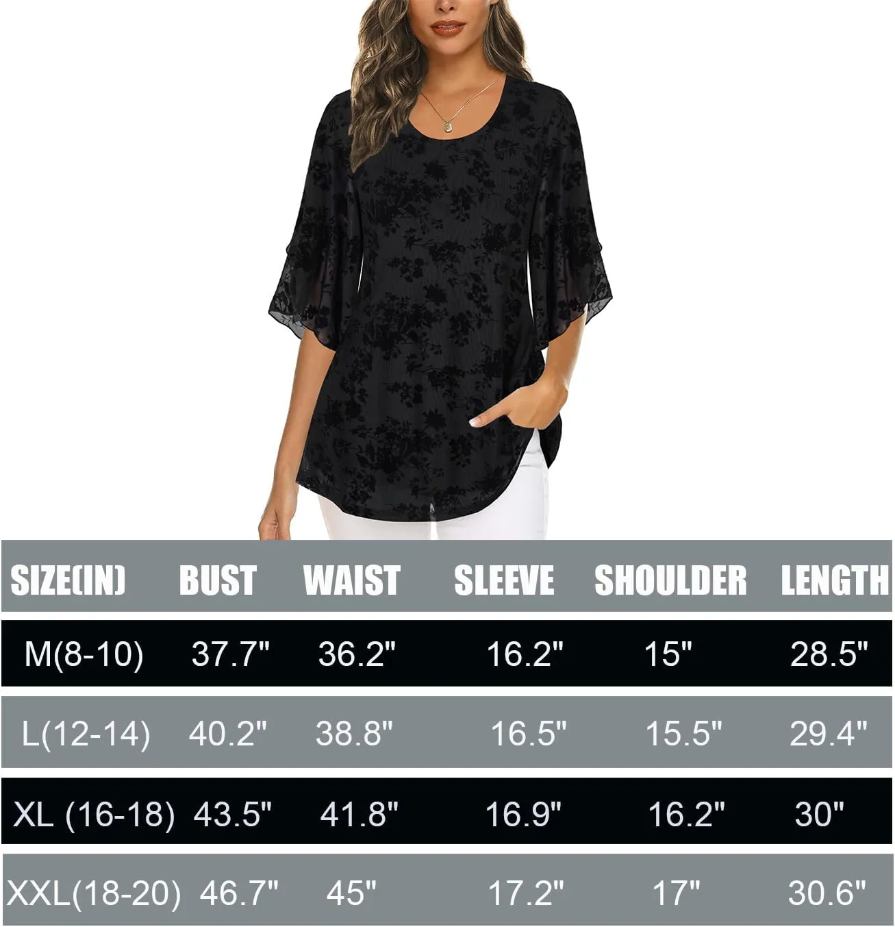 Ninedaily Women's Tops 3/4 Sleeve Blouses Dressy Casual Double Layers Mesh Tunic Shirts