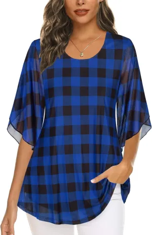 Ninedaily Women's Tops 3/4 Sleeve Blouses Dressy Casual Double Layers Mesh Tunic Shirts