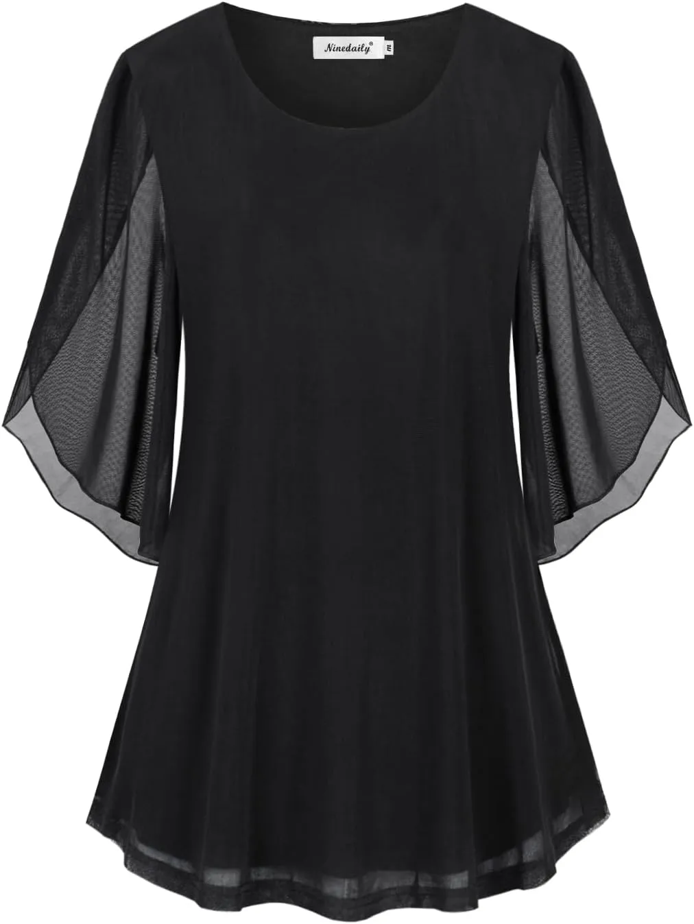 Ninedaily Women's Tops 3/4 Sleeve Blouses Dressy Casual Double Layers Mesh Tunic Shirts