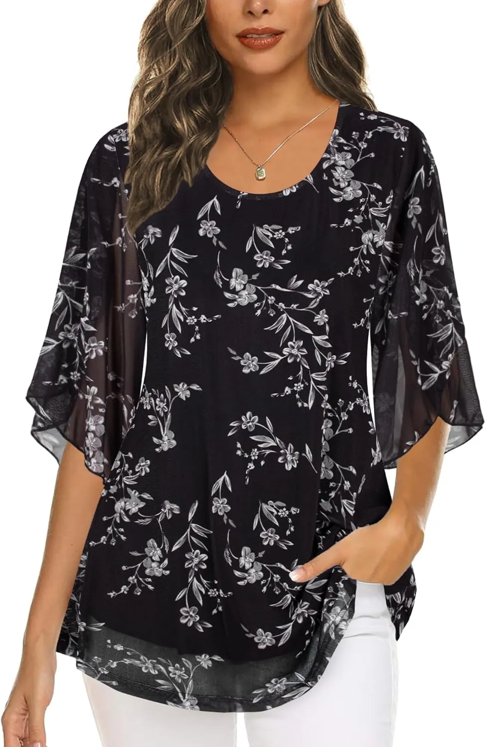 Ninedaily Women's Tops 3/4 Sleeve Blouses Dressy Casual Double Layers Mesh Tunic Shirts