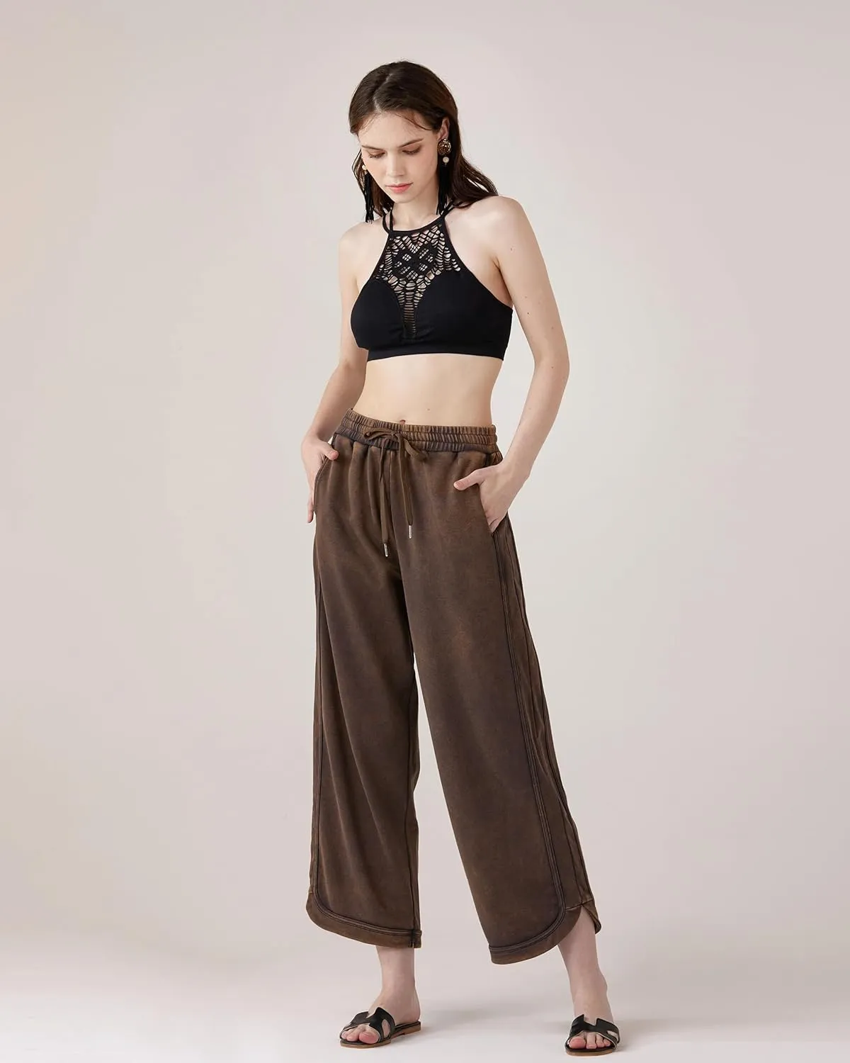 noflik Women's Skin-Friendly Cotton Elastic High Waisted Drawstring Wide Leg Fray Hem Sweatpants