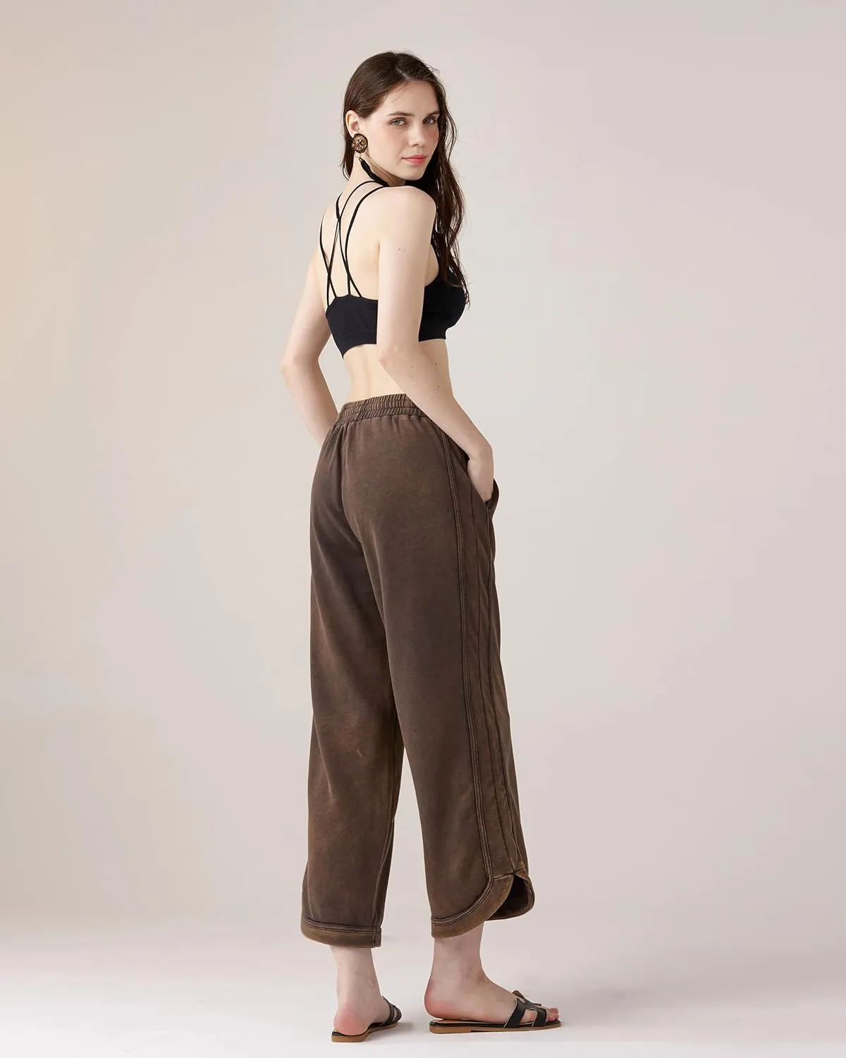 noflik Women's Skin-Friendly Cotton Elastic High Waisted Drawstring Wide Leg Fray Hem Sweatpants
