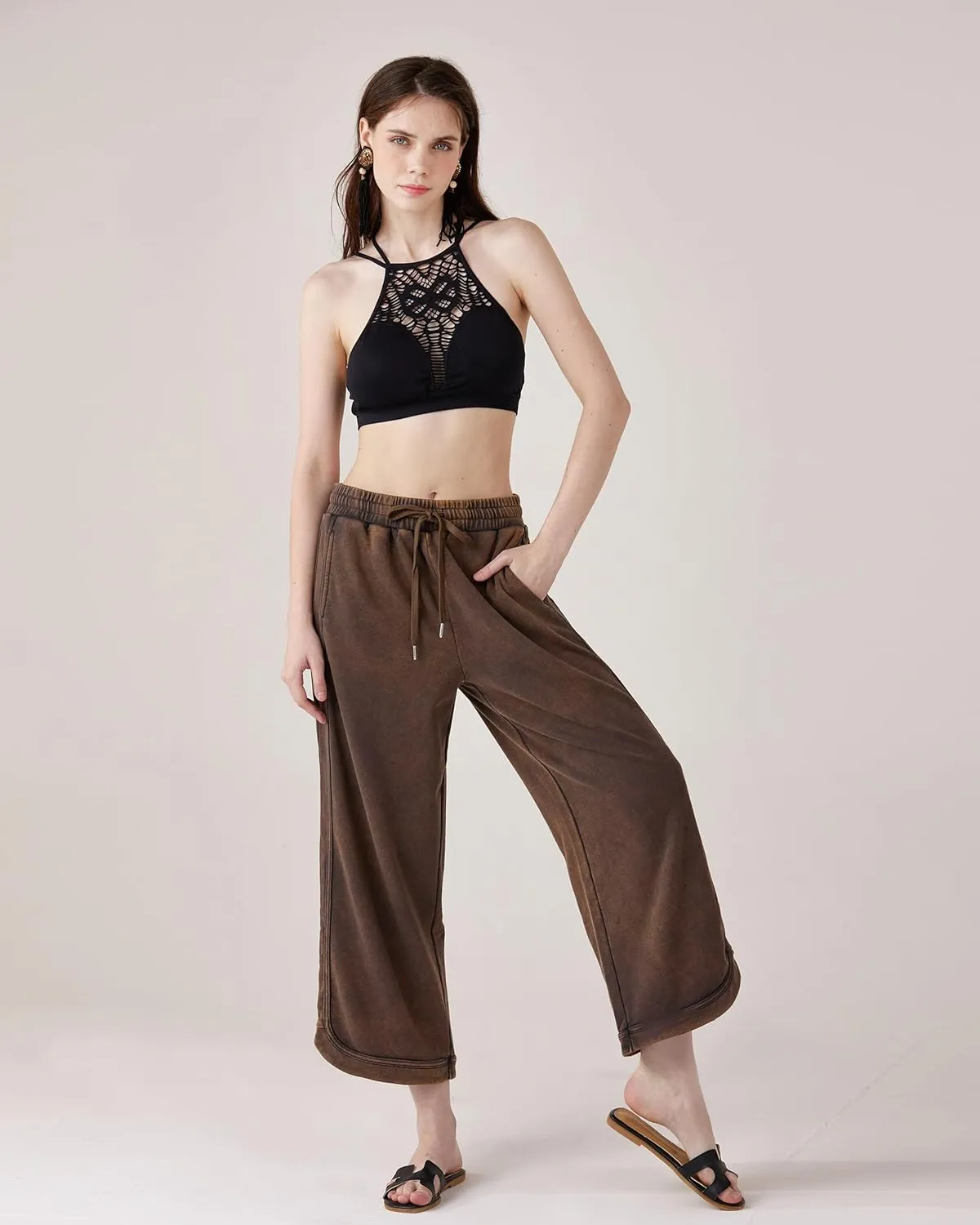 noflik Women's Skin-Friendly Cotton Elastic High Waisted Drawstring Wide Leg Fray Hem Sweatpants