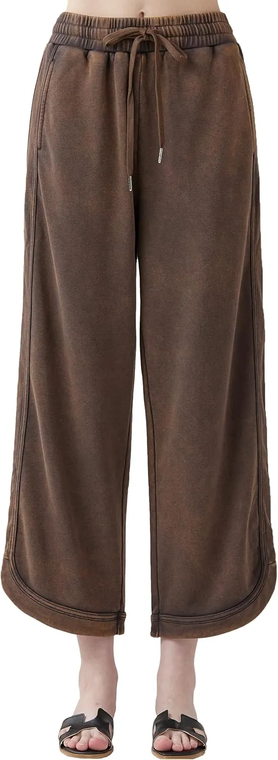 noflik Women's Skin-Friendly Cotton Elastic High Waisted Drawstring Wide Leg Fray Hem Sweatpants