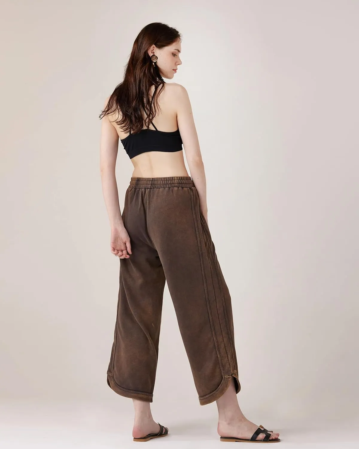noflik Women's Skin-Friendly Cotton Elastic High Waisted Drawstring Wide Leg Fray Hem Sweatpants