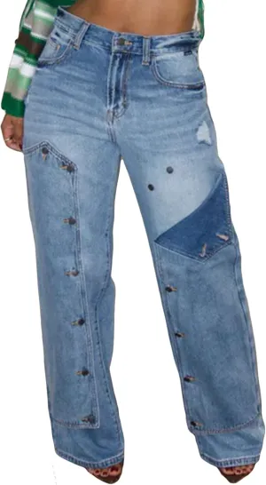 NRTHYE Women Cargo Jeans High Waisted Straight Wide Leg Jeans Pants Button Detachable Denim Cargo Trousers