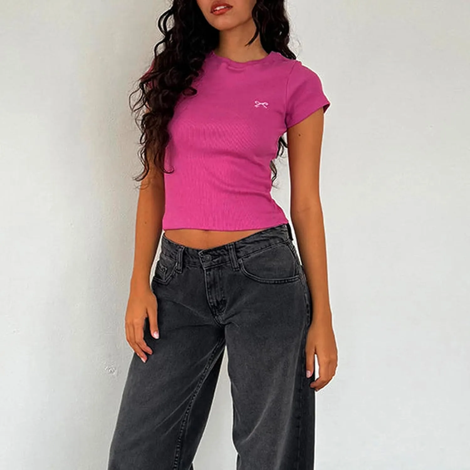 NUFIWI Womens Short Sleeve Graphic Baby Tees Y2k Bow Print T Shirt Crop Top E Girls Cute Aesthetic Clothes Summer