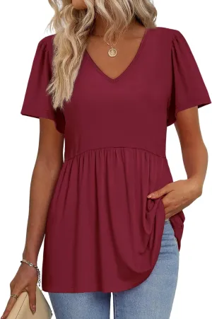 OFEEFAN Womens Summer Tops Babydoll Short Sleeve Shirts Puff Sleeve Peplum Tops V Neck T Shirts