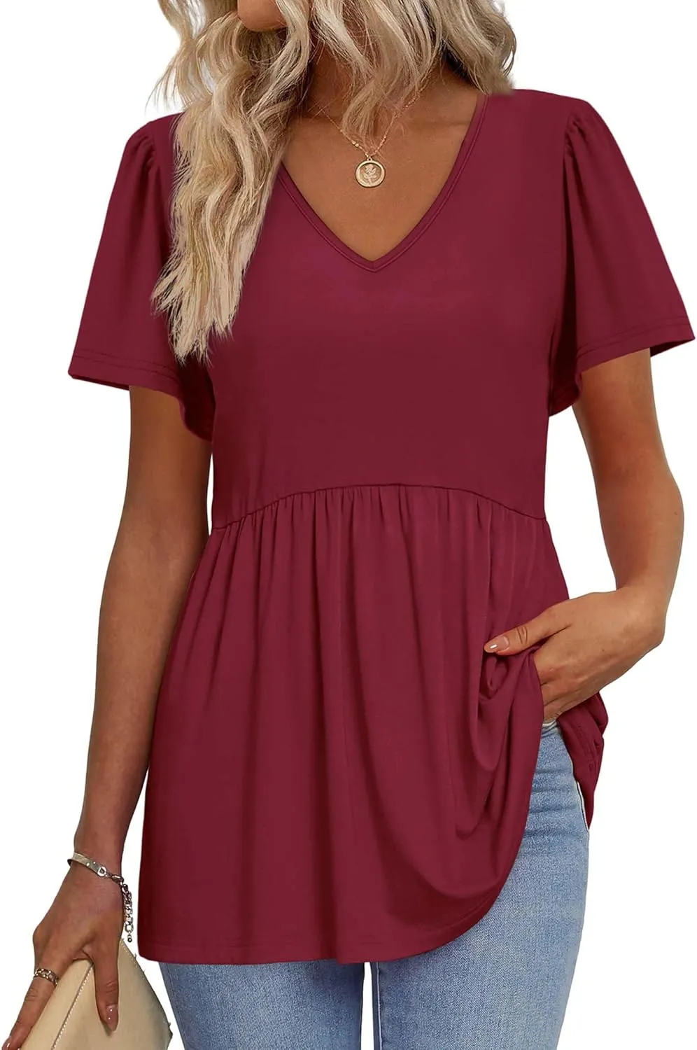 OFEEFAN Womens Summer Tops Babydoll Short Sleeve Shirts Puff Sleeve Peplum Tops V Neck T Shirts