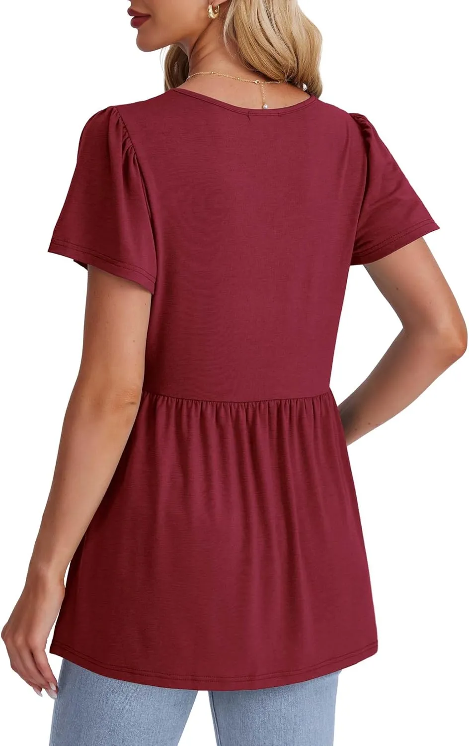 OFEEFAN Womens Summer Tops Babydoll Short Sleeve Shirts Puff Sleeve Peplum Tops V Neck T Shirts