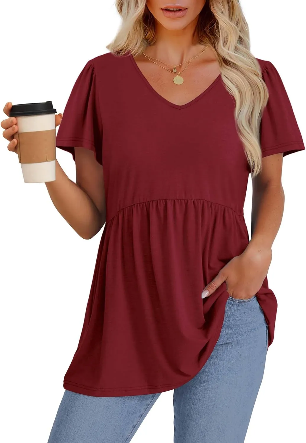 OFEEFAN Womens Summer Tops Babydoll Short Sleeve Shirts Puff Sleeve Peplum Tops V Neck T Shirts