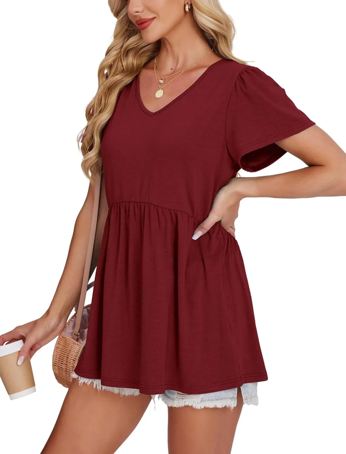 OFEEFAN Womens Summer Tops Babydoll Short Sleeve Shirts Puff Sleeve Peplum Tops V Neck T Shirts