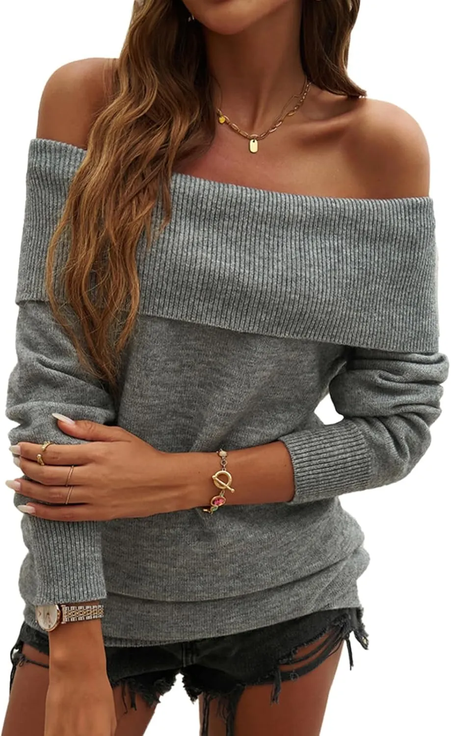 Off The Shoulder Sweater for Women 2025 Knitted Folded Over Long Sleeve Pullover Sweaters