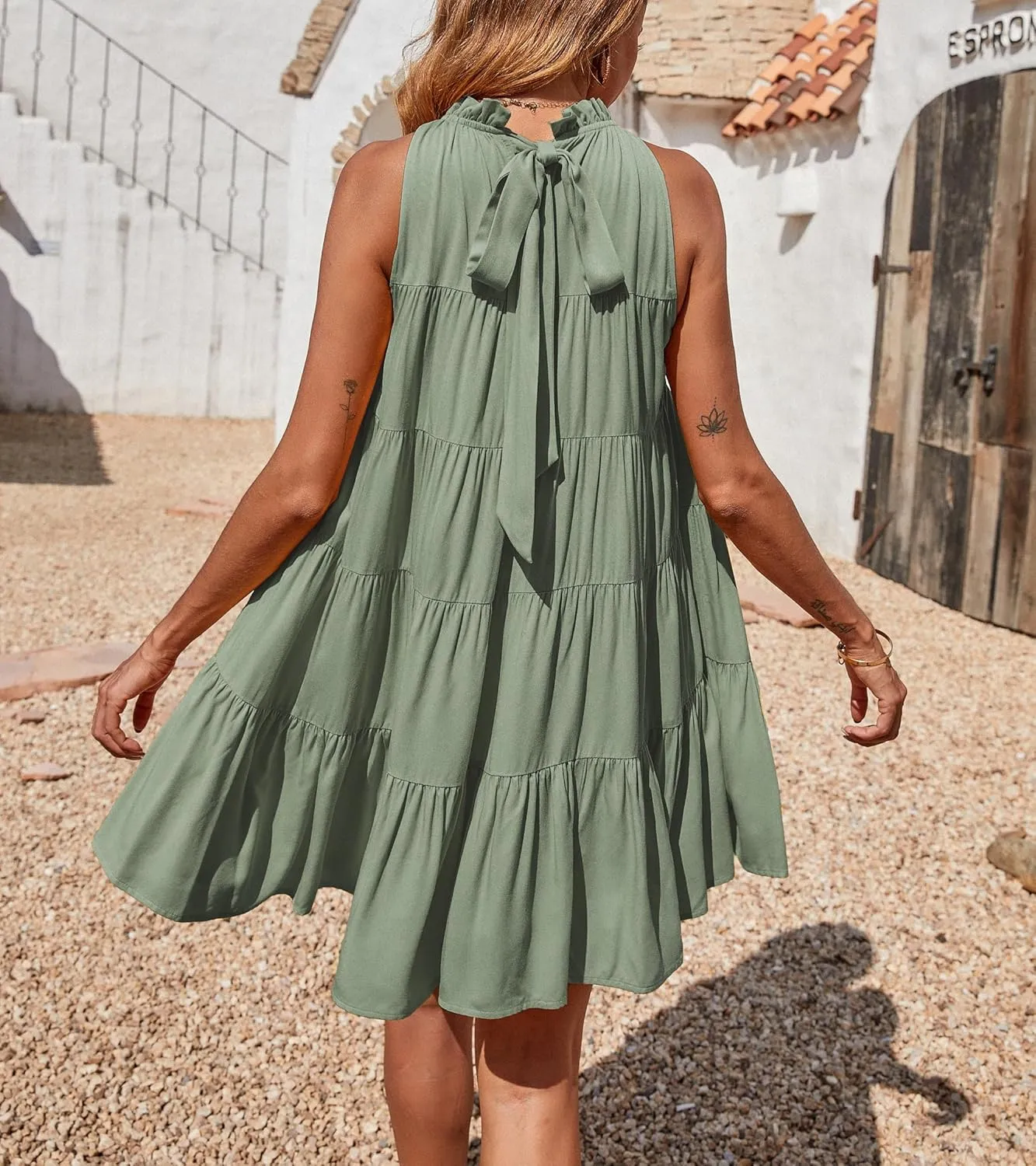 Okiwam Womens Summer Dresses 2025 Halter Sleeveless A Line Tiered Swing Sundress Casual Beach Vacation Mini Dress