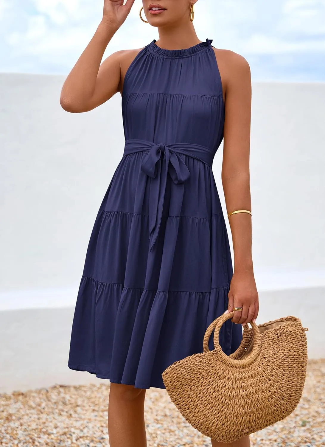 Okiwam Womens Summer Dresses 2025 Halter Sleeveless A Line Tiered Swing Sundress Casual Beach Vacation Mini Dress