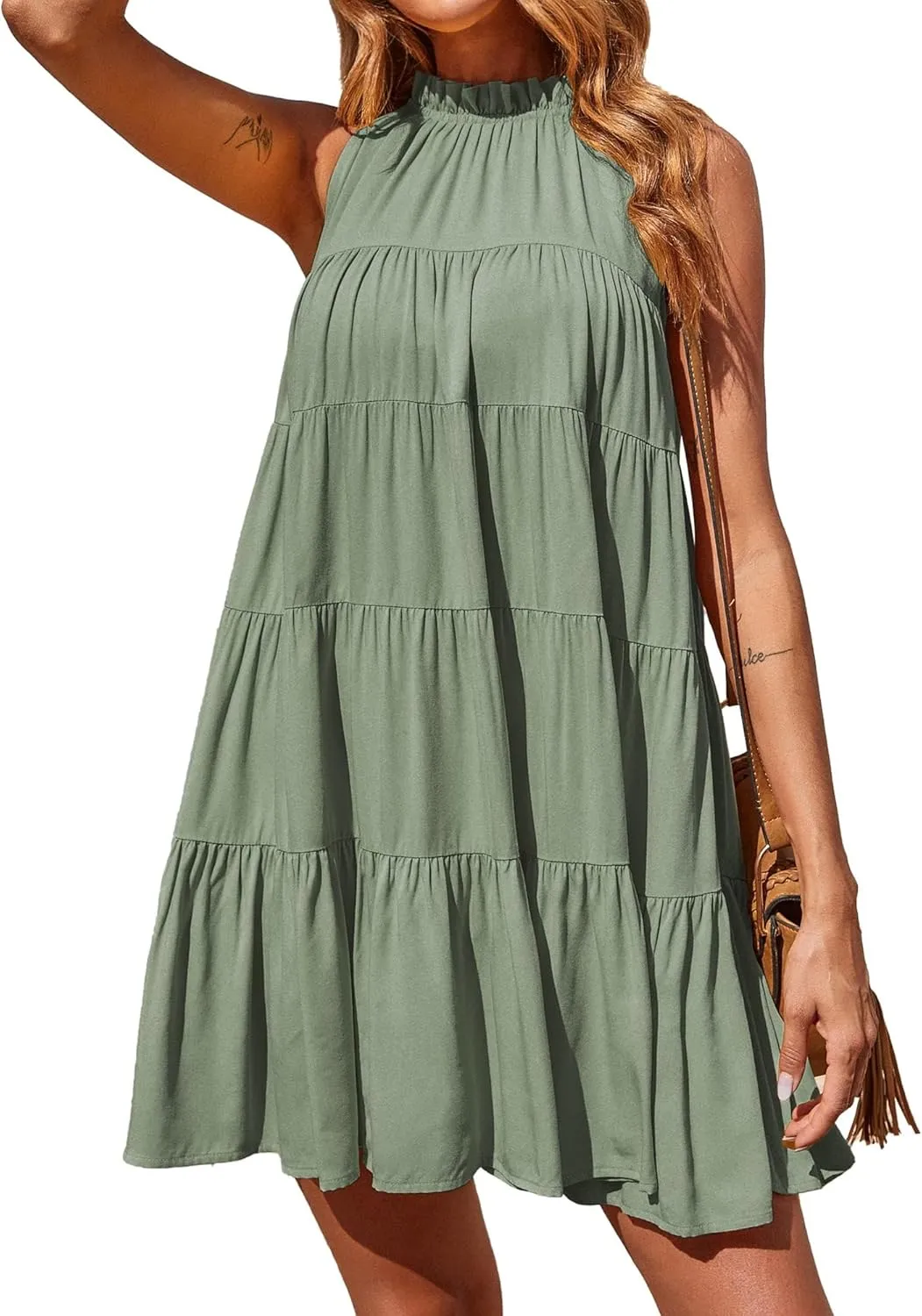 Okiwam Womens Summer Dresses 2025 Halter Sleeveless A Line Tiered Swing Sundress Casual Beach Vacation Mini Dress