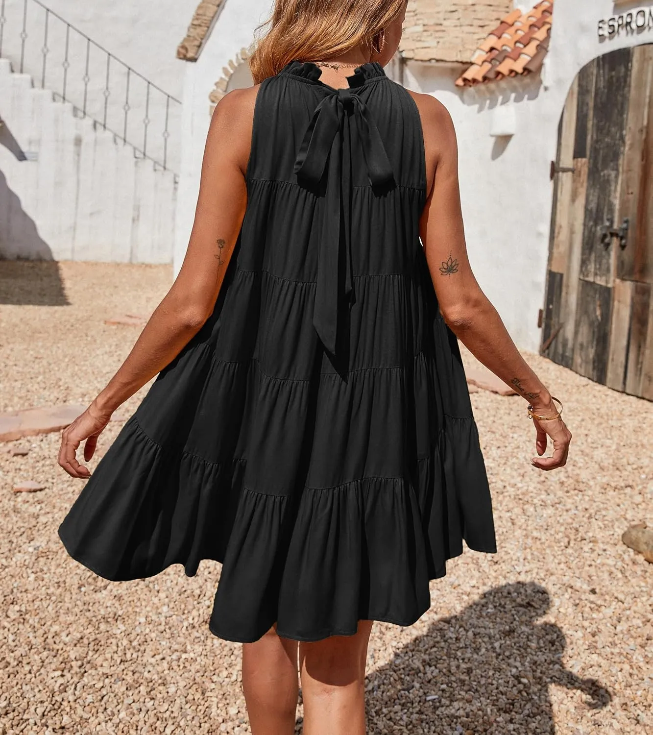 Okiwam Womens Summer Dresses 2025 Halter Sleeveless A Line Tiered Swing Sundress Casual Beach Vacation Mini Dress