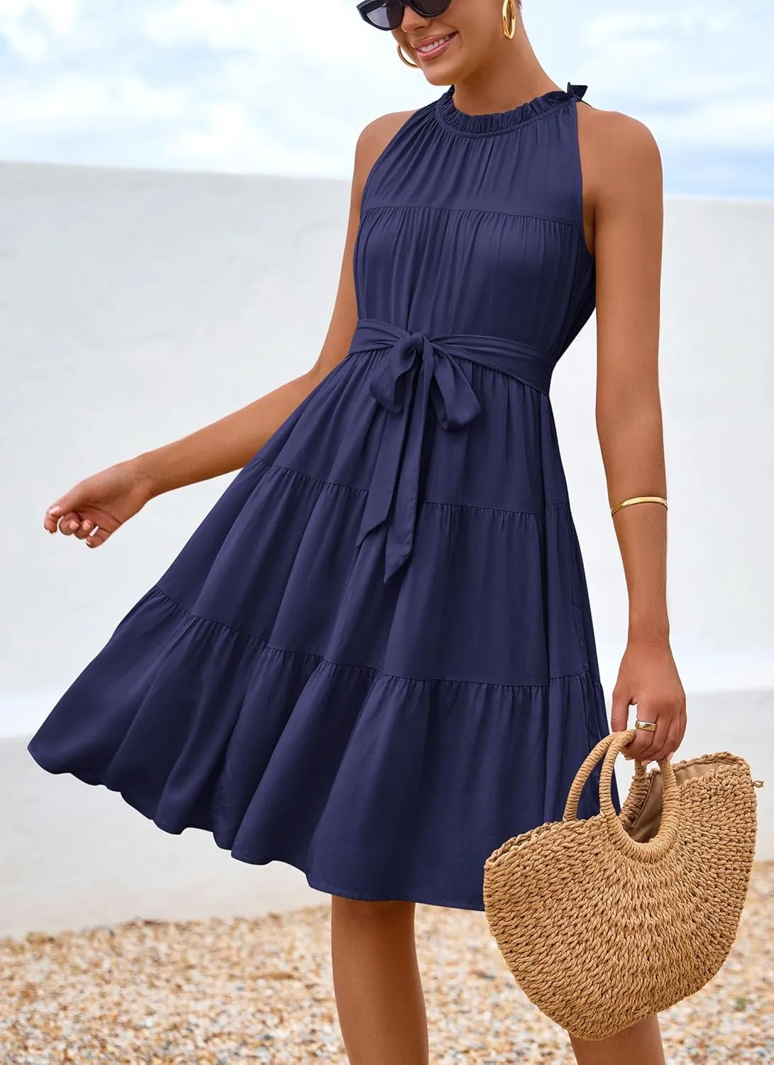 Okiwam Womens Summer Dresses 2025 Halter Sleeveless A Line Tiered Swing Sundress Casual Beach Vacation Mini Dress