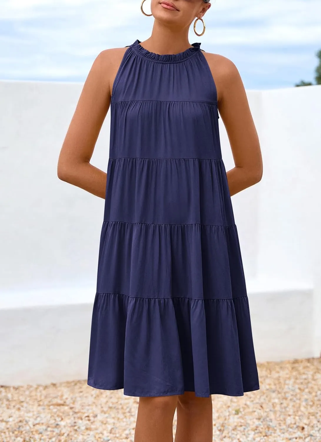 Okiwam Womens Summer Dresses 2025 Halter Sleeveless A Line Tiered Swing Sundress Casual Beach Vacation Mini Dress