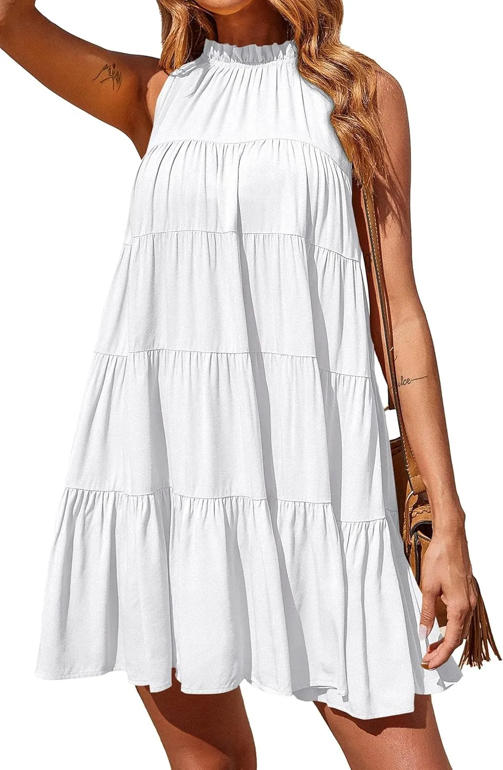 Okiwam Womens Summer Dresses 2025 Halter Sleeveless A Line Tiered Swing Sundress Casual Beach Vacation Mini Dress