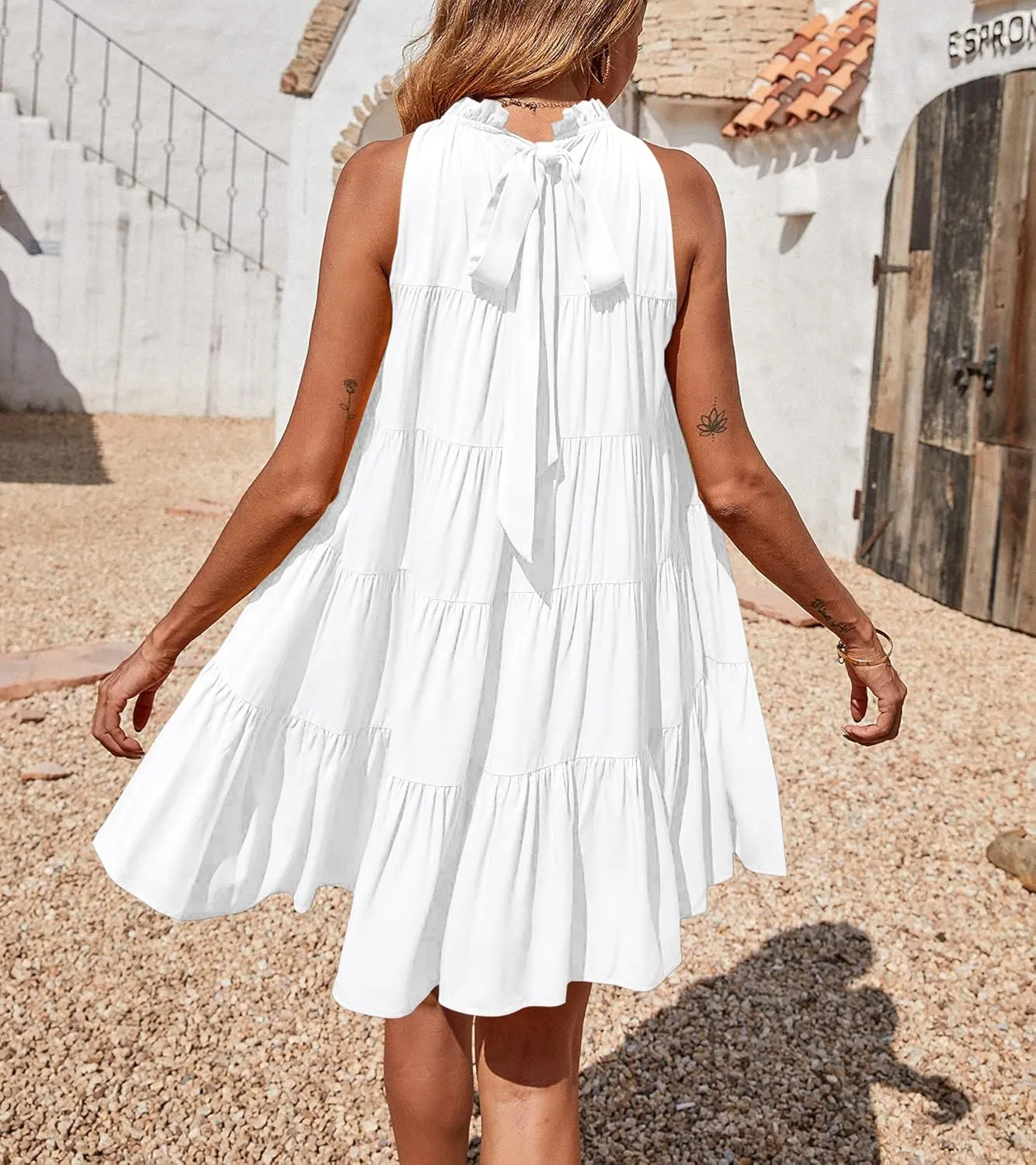 Okiwam Womens Summer Dresses 2025 Halter Sleeveless A Line Tiered Swing Sundress Casual Beach Vacation Mini Dress