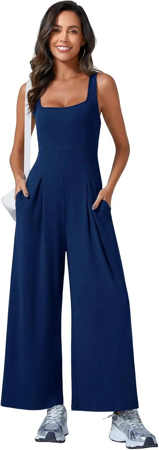 Onedreamer Jumpsuits for Women Spring Summer Sleeveless Square Neck Knit Wide Leg Pants Rompers Overalls with Pockets