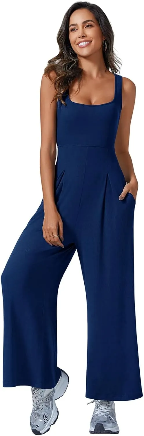 Onedreamer Jumpsuits for Women Spring Summer Sleeveless Square Neck Knit Wide Leg Pants Rompers Overalls with Pockets