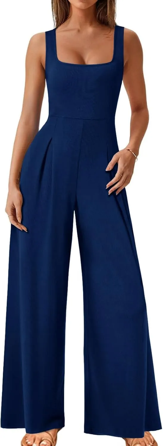 Onedreamer Jumpsuits for Women Spring Summer Sleeveless Square Neck Knit Wide Leg Pants Rompers Overalls with Pockets