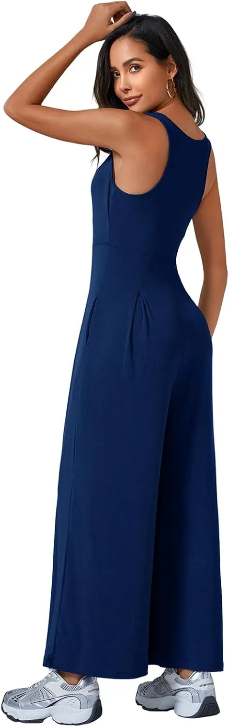 Onedreamer Jumpsuits for Women Spring Summer Sleeveless Square Neck Knit Wide Leg Pants Rompers Overalls with Pockets
