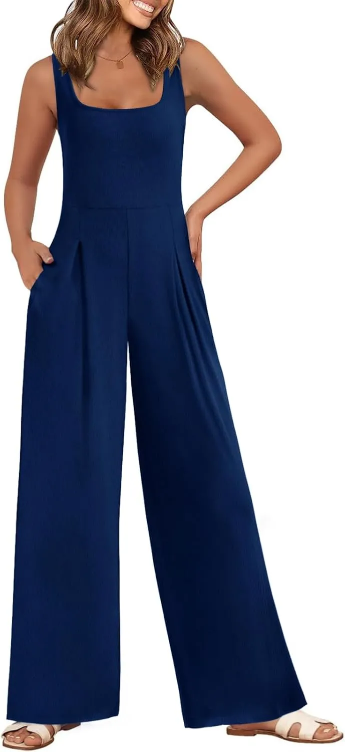 Onedreamer Jumpsuits for Women Spring Summer Sleeveless Square Neck Knit Wide Leg Pants Rompers Overalls with Pockets