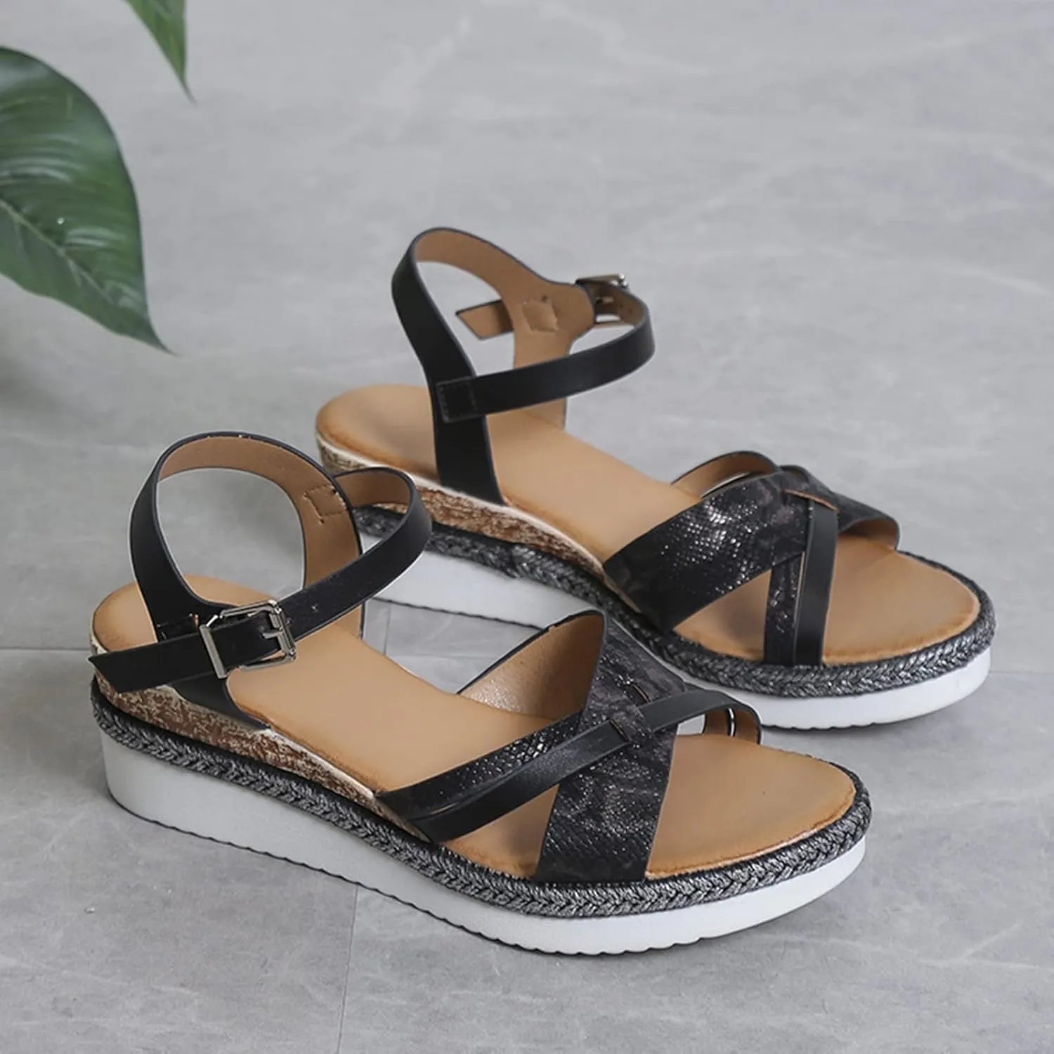 Orthopedic Sandals for Women Summer Platform Wedge Sandals Open Toe Cross Strap Espadrilles Sandal, Ankle Strap Slip on Dress Shoes Beach Boho Comfortable Outdoor Shoes