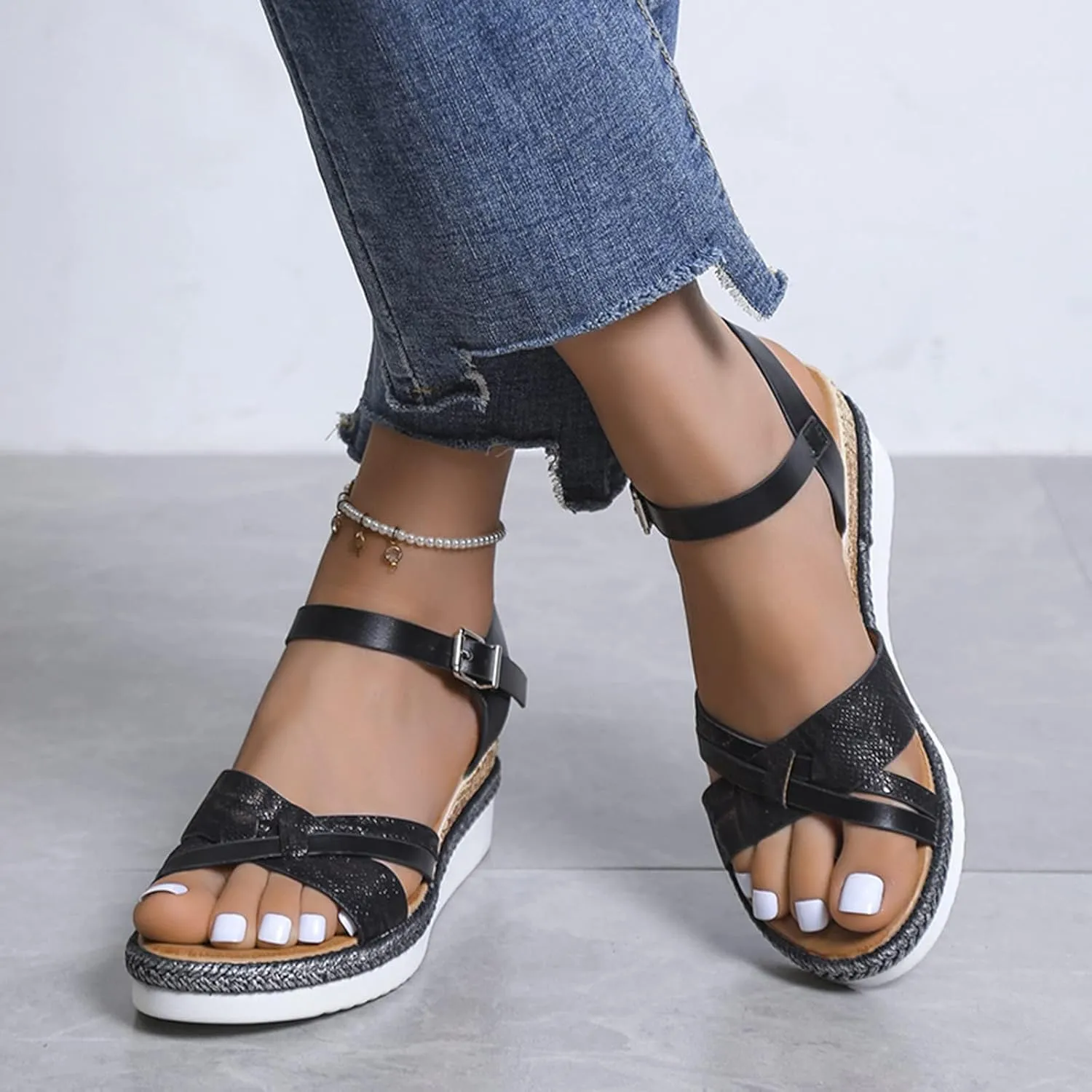 Orthopedic Sandals for Women Summer Platform Wedge Sandals Open Toe Cross Strap Espadrilles Sandal, Ankle Strap Slip on Dress Shoes Beach Boho Comfortable Outdoor Shoes