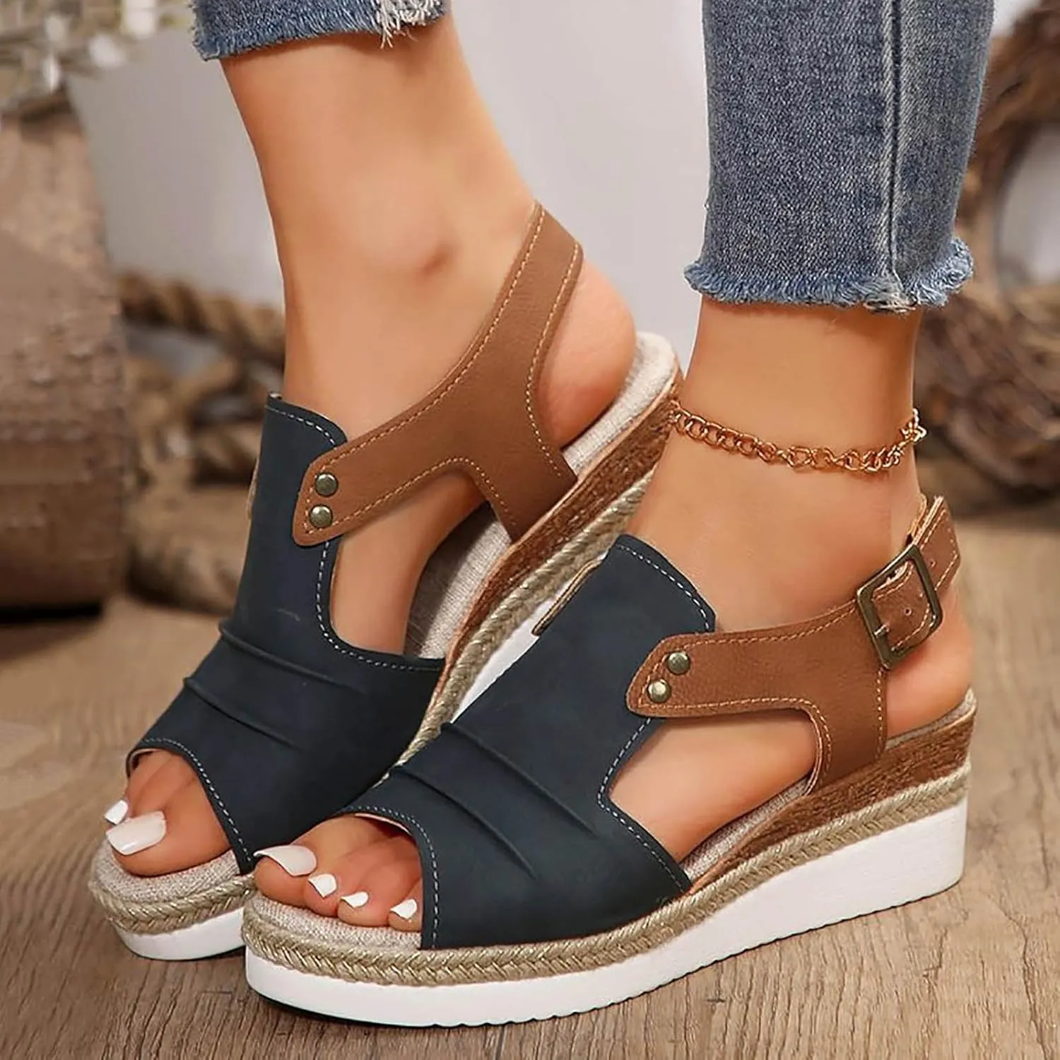 Orthopedic Sandals for Women,Women Walking Slippers with Arch Support Wedge Sandals Summer Dressy Open Toe Ankle Strap Platform Beach Casual Slip on Sandals Beach Dress Comfortable Shoes