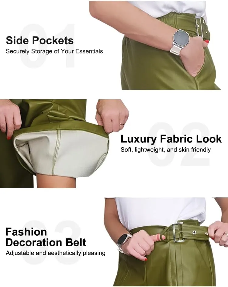 oshoplive Women's Faux Leather Pants PU High Waist Wide Leg Pants with Pockets Pleated Going Out Flare Trousers