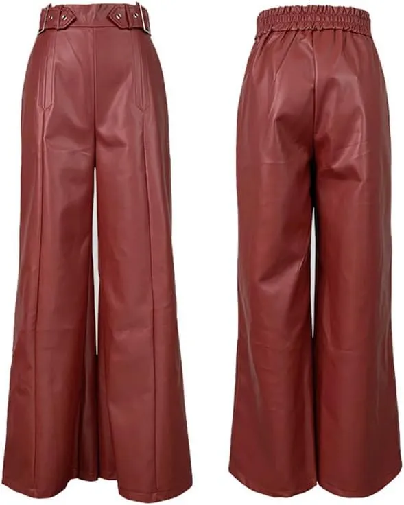 oshoplive Women's Faux Leather Pants PU High Waist Wide Leg Pants with Pockets Pleated Going Out Flare Trousers