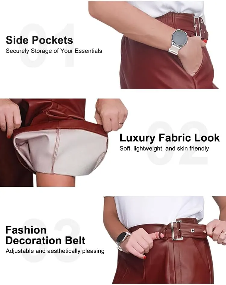 oshoplive Women's Faux Leather Pants PU High Waist Wide Leg Pants with Pockets Pleated Going Out Flare Trousers